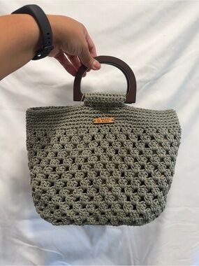 Olive Crochet Tote with Wooden Handles